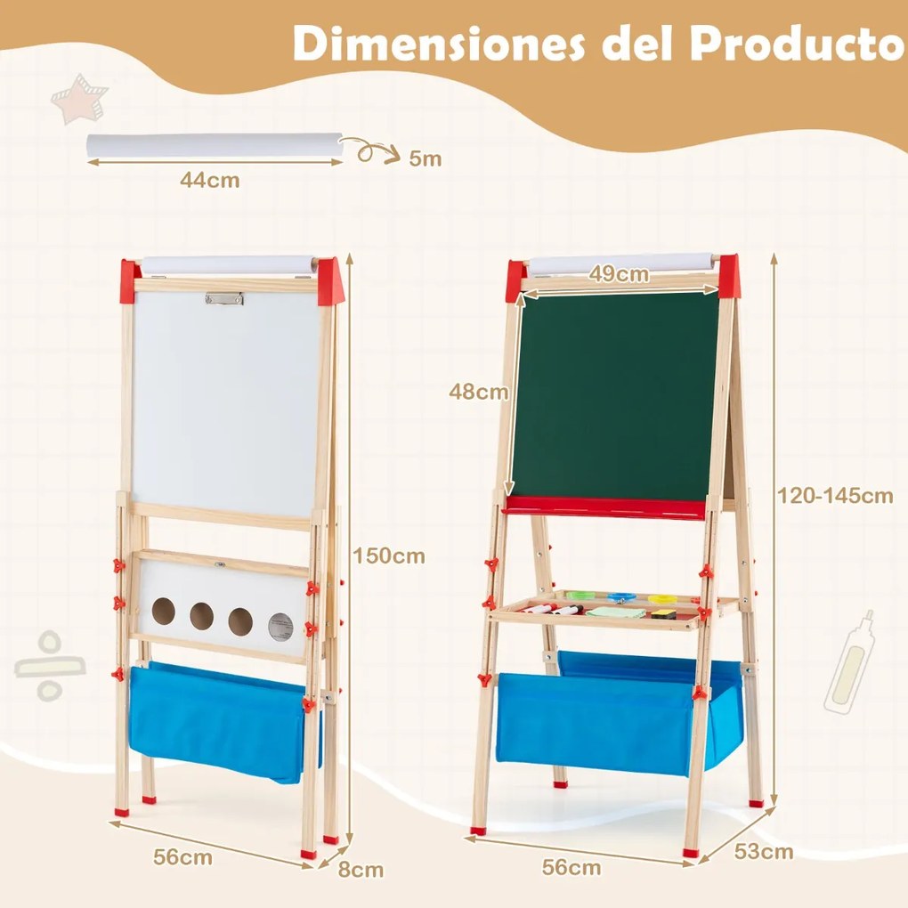 Cavalete infantil ajustável dobrável 56 x 53 x 120-145 cm dupla face com quadro branco magnético, rolo de papel, 4 copos, bandejas Natural + Vermelho