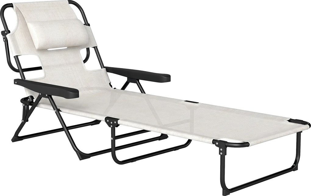Outsunny Espreguiçadeira de Praia Dobrável Jardim Encosto Ajustável 4 Níveis Orifício Leitura Almofada Confortável 194x72x31 cm Creme | Aosom Portugal
