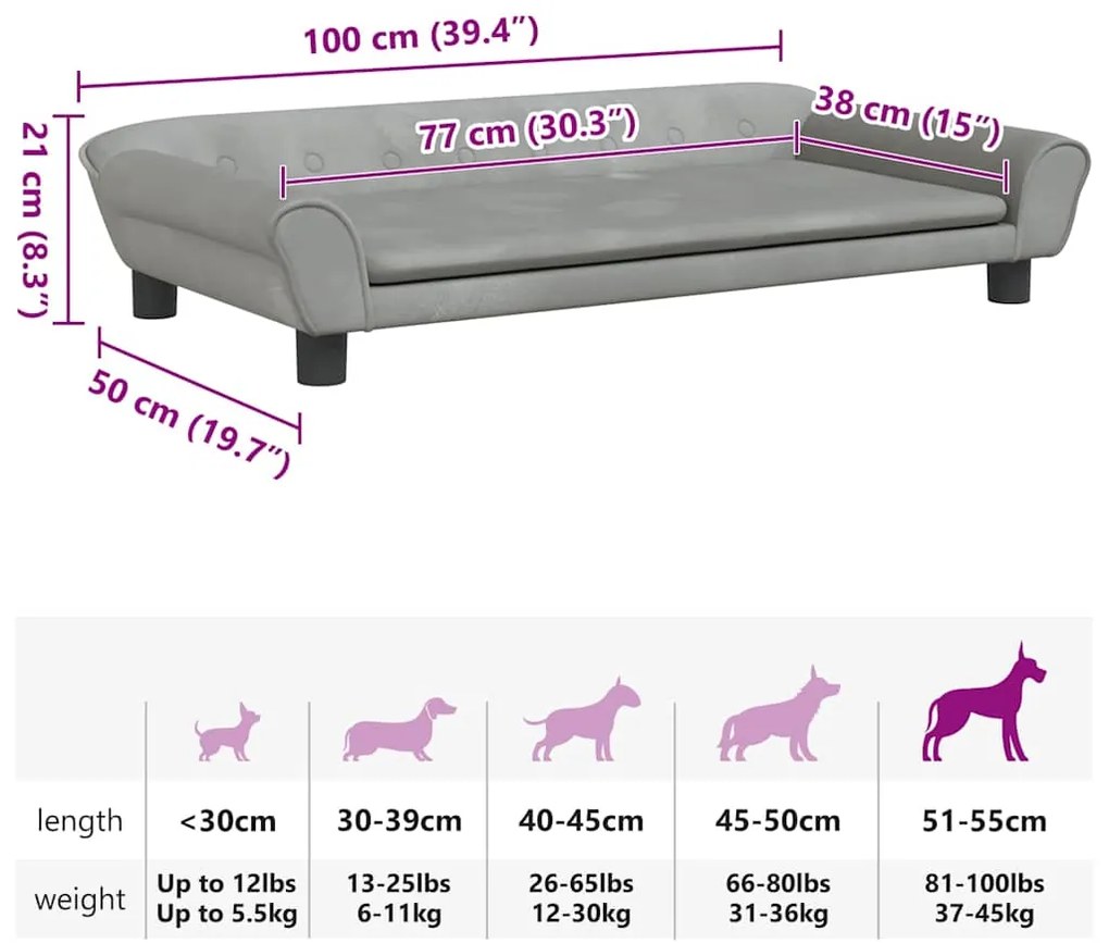 Cama para cães 100x50x21 cm veludo cinzento-claro