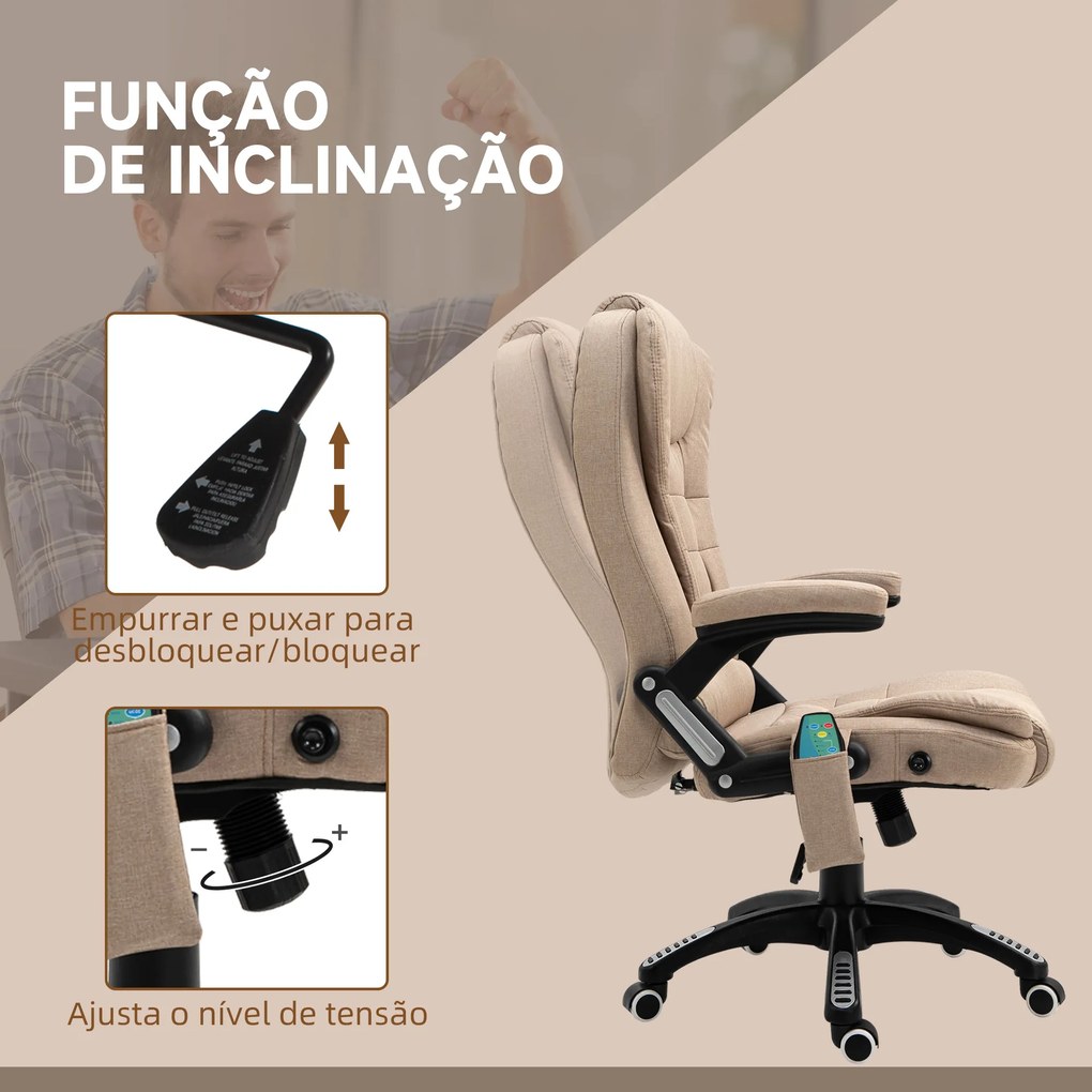 Cadeira de Escritório com 6 Pontos de Massagem Reclinável até 130° com Função de Aquecimento 68x72x110-120 cm Castanho Claro