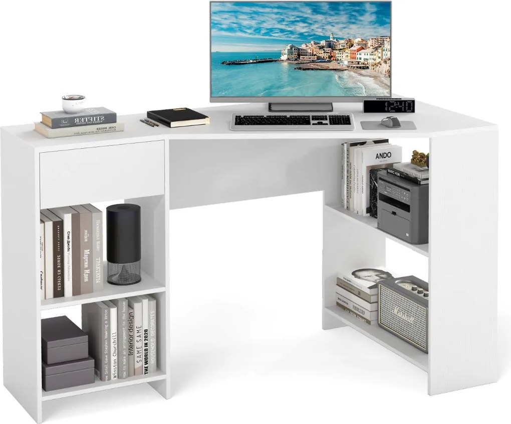 Secretária de computador de canto em forma de L 120 cm com gaveta e Estantes Branca