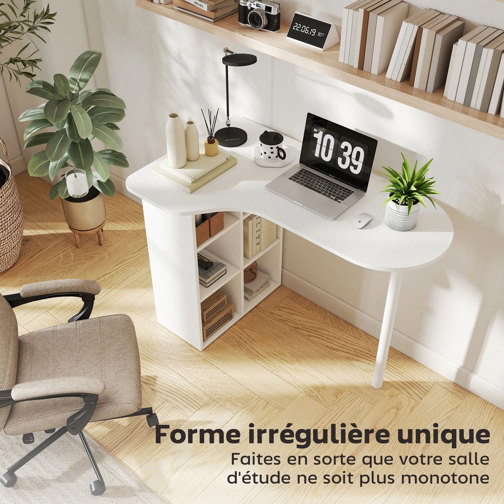 Secretária irregular para computador, 100 x 59 cm, com 6 compartimentos, 4 prateleiras ajustáveis e estrutura em aço, branca