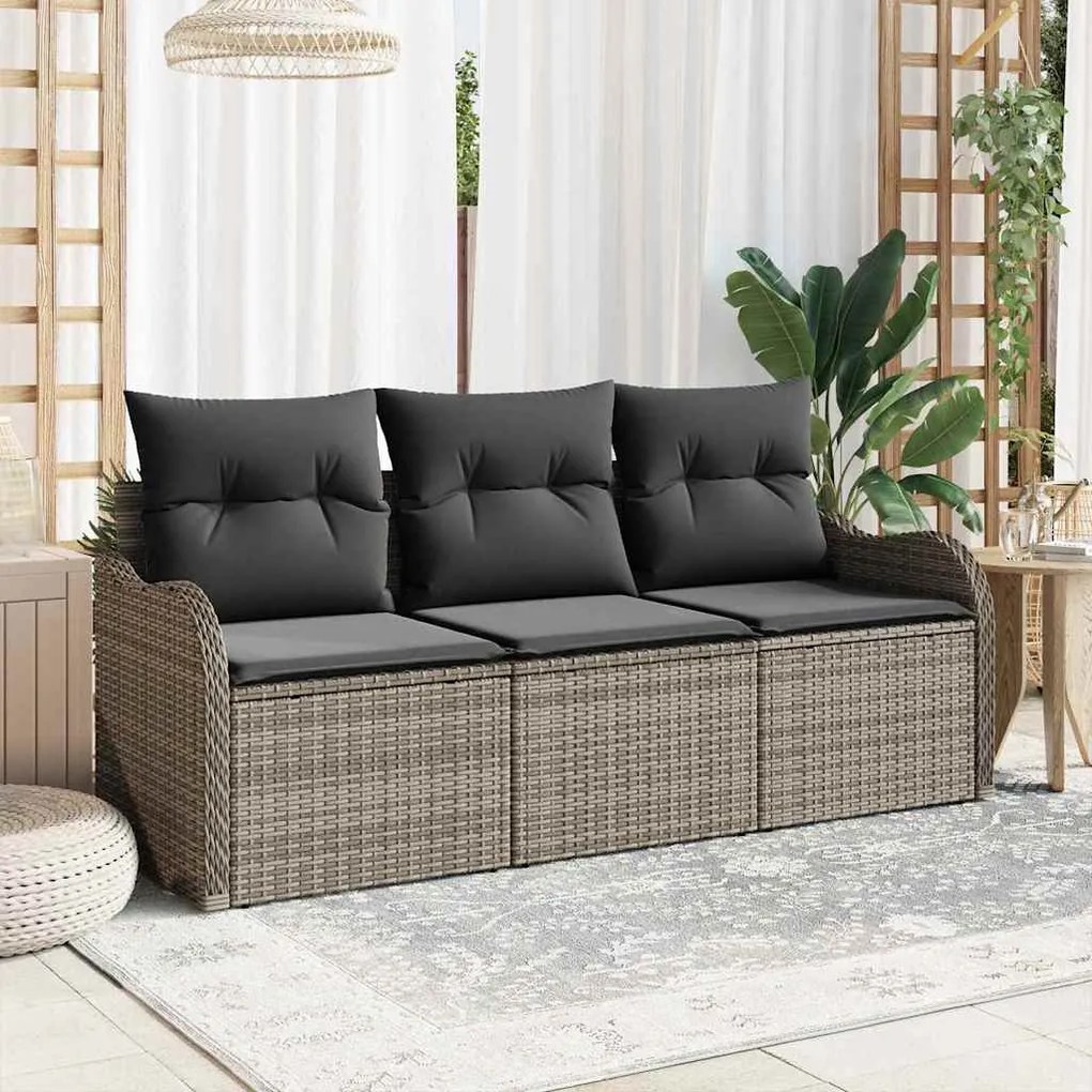 vidaXL Conjunto de Sofá de Jardim com 3 Peças e Almofadas Cinza em Poliratan