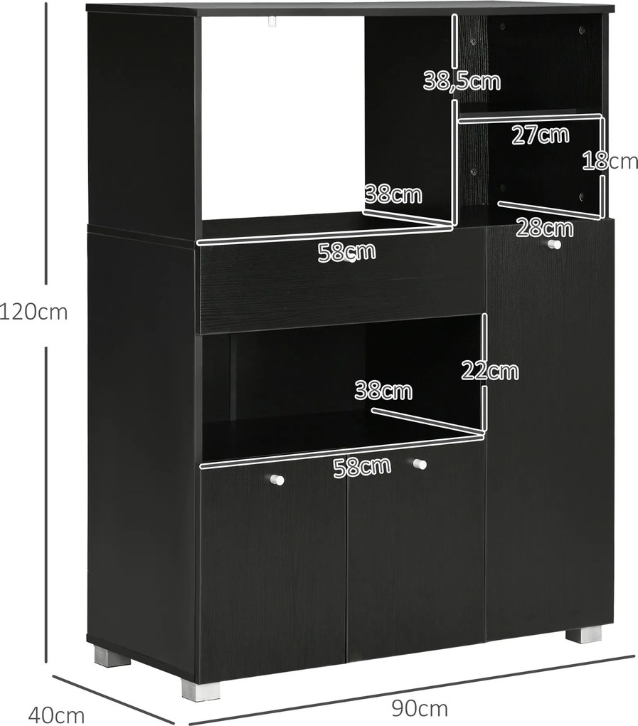 Aparador Auxiliar "Gourmet" de Cozinha - 90x40x120 cm - Preto - Design