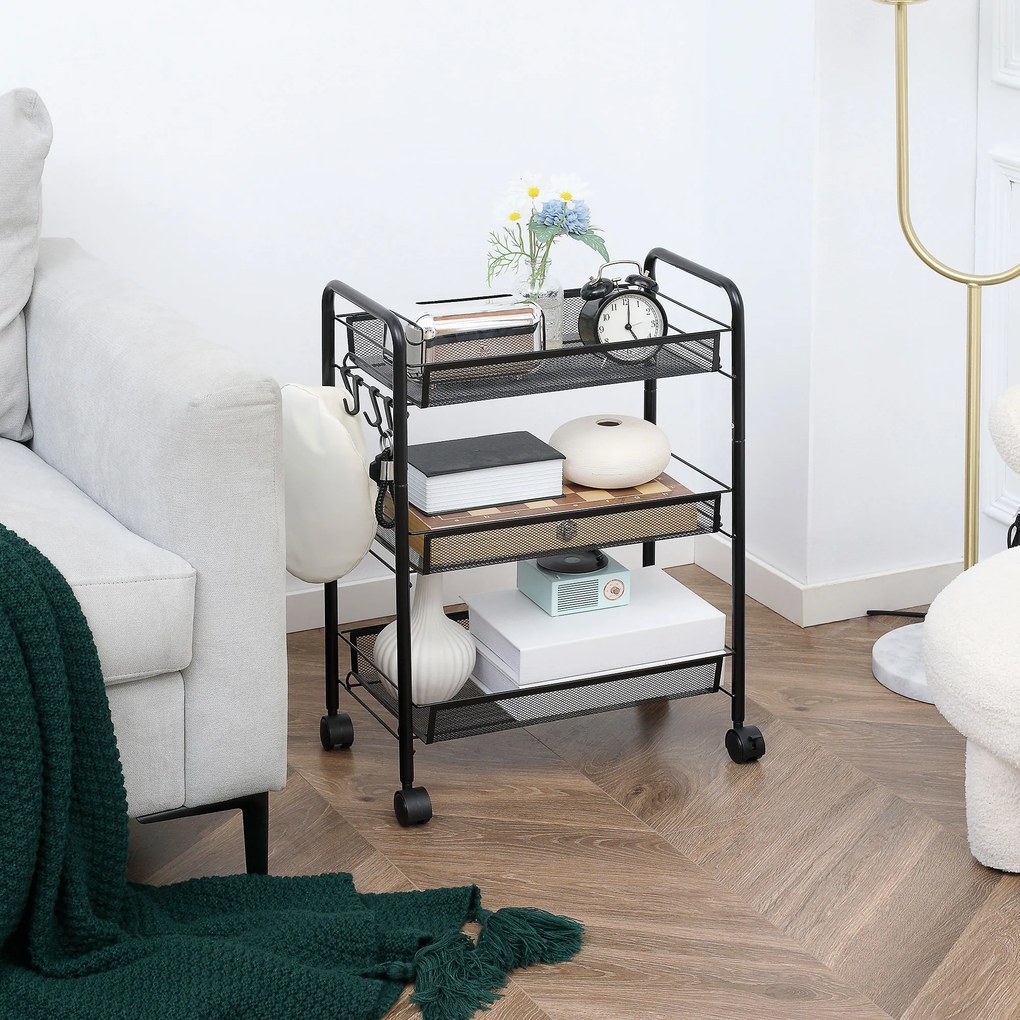 Carrinho cozinha de 3 níveis de arrumação com cestos de serviço com rodas, 45 x 26,5 x 63 cm, preto