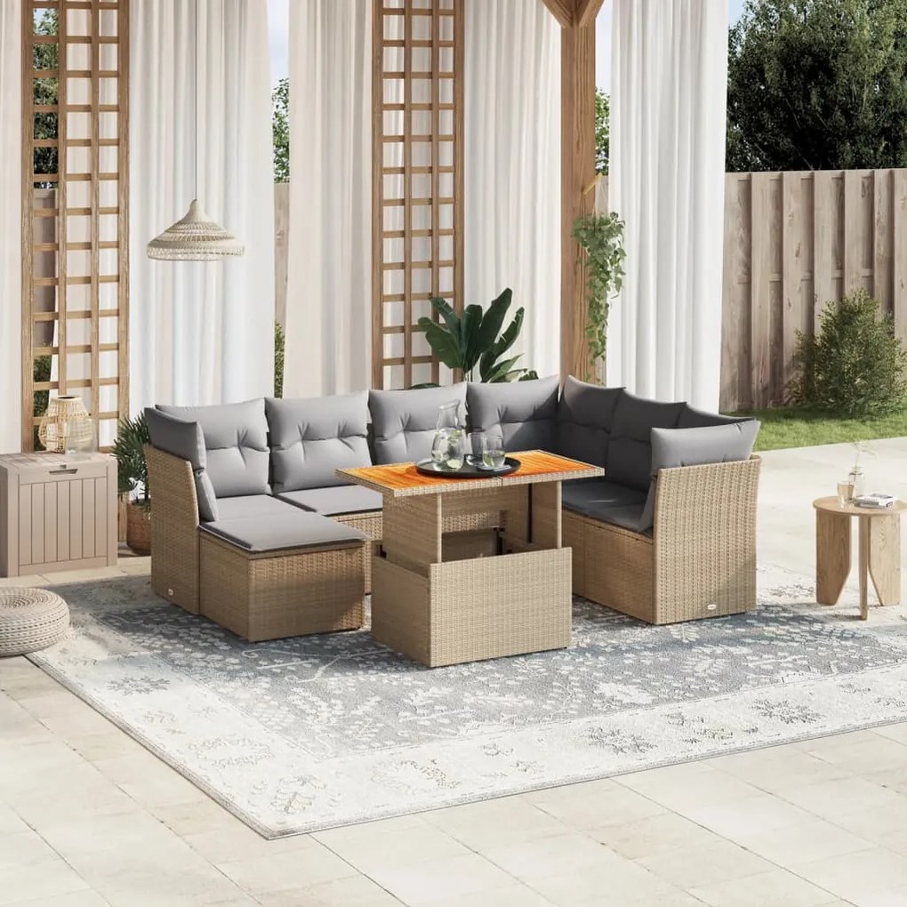 8 pcs conjunto de sofás p/ jardim com almofadões vime PE bege