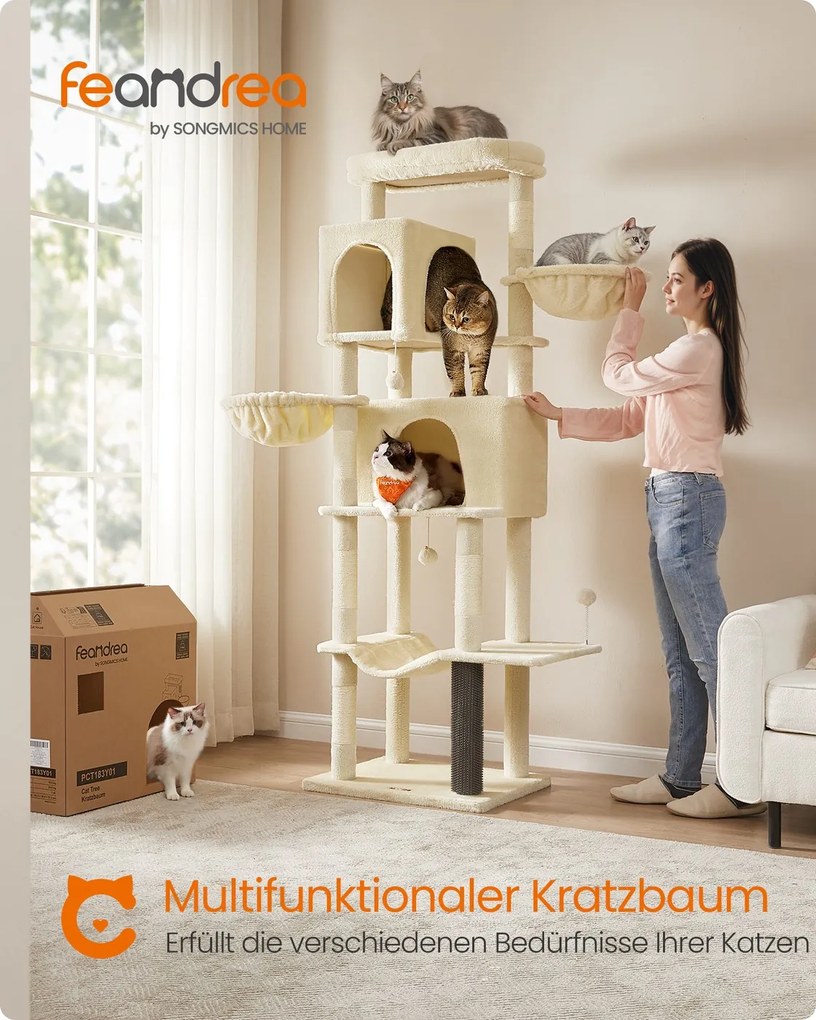 Arranhador gatos com 59 x 48 x 190 cm, com 2 cavidades e 2 recantos para descansar, cor bege areia