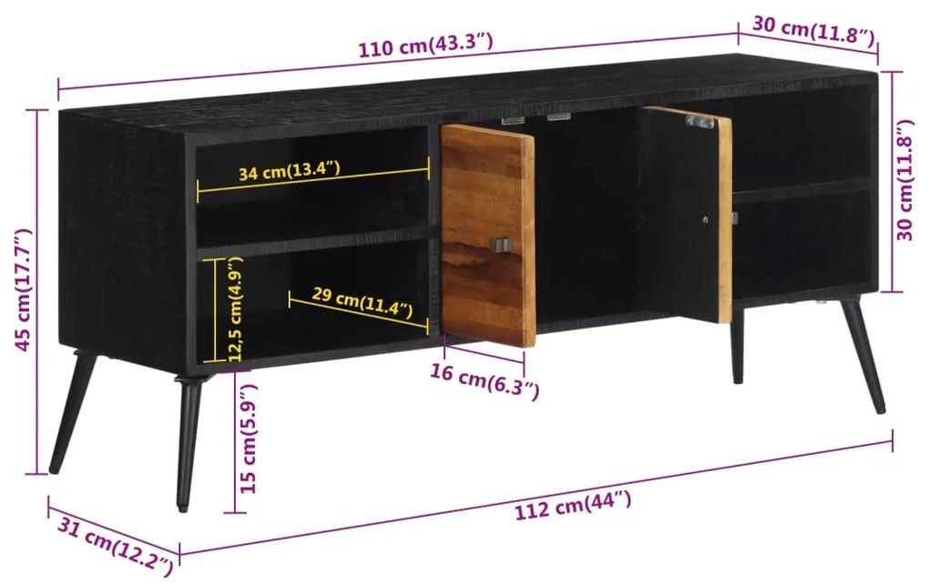 Móvel de TV 112x31x45 cm madeira de teca recuperada maciça