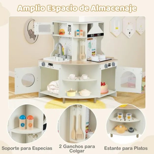 Cozinha de brincar para crianças de canto em madeira 62 x 62 x 80 cm com torneira e lava-louças funcionais Micro-ondas e máquina de lavar louça bege