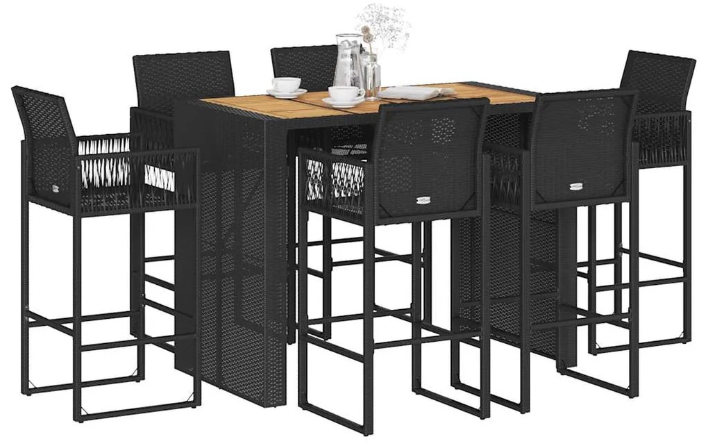 7 pcs conj. de bar jardim sem almofadões vime PE/acácia preto