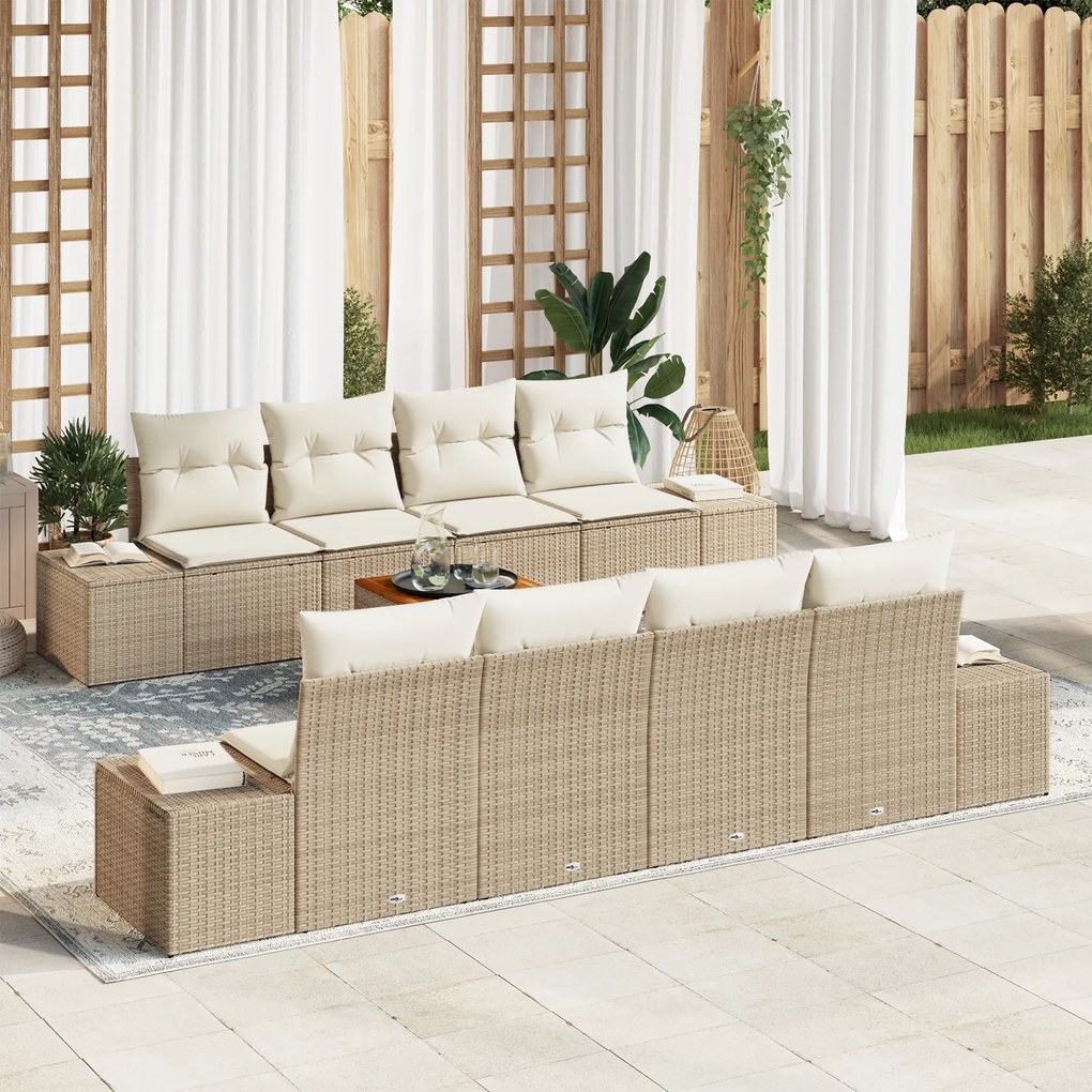 Conjunto de Sofá de Jardim 7 Peças com Almofadas Bege Rattan Poliéster