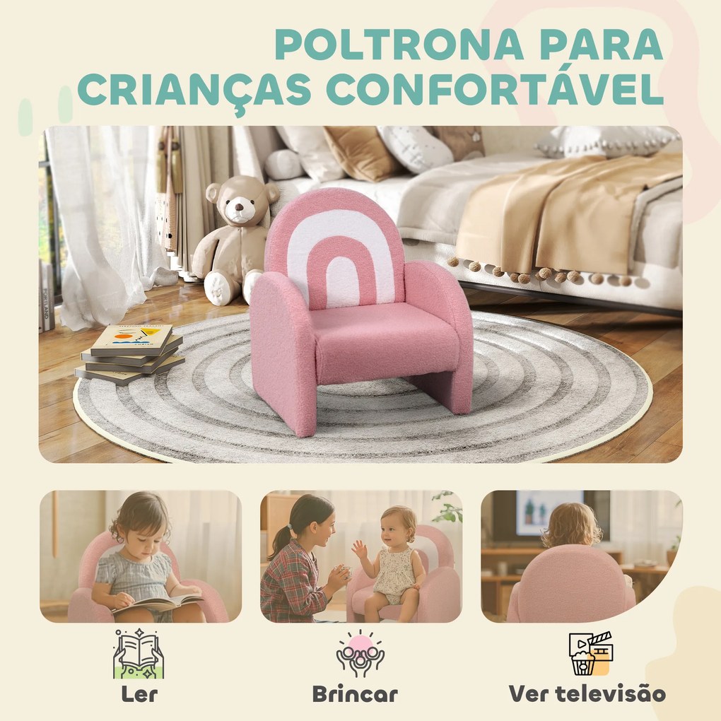 Poltrona para Crianças com Encosto em Forma de Arco-Íris Sofá para Crianças Tecido Suave em Borrego 45x41x52 cm Rosa
