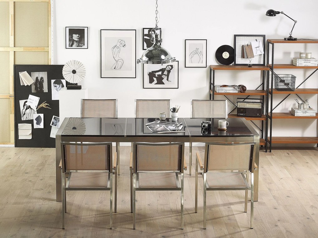 Mesa de refeições em inox e painéis de granito preto polido 220 x 100 cm GROSSETO Beliani