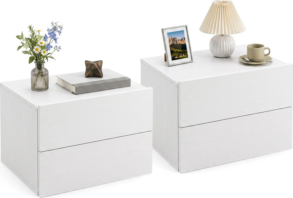 Conjunto de 2 Mesas de Cabeceira Suspensas, 42 x 30 x 29 cm, Duas Gavetas de Arrumação, Branco
