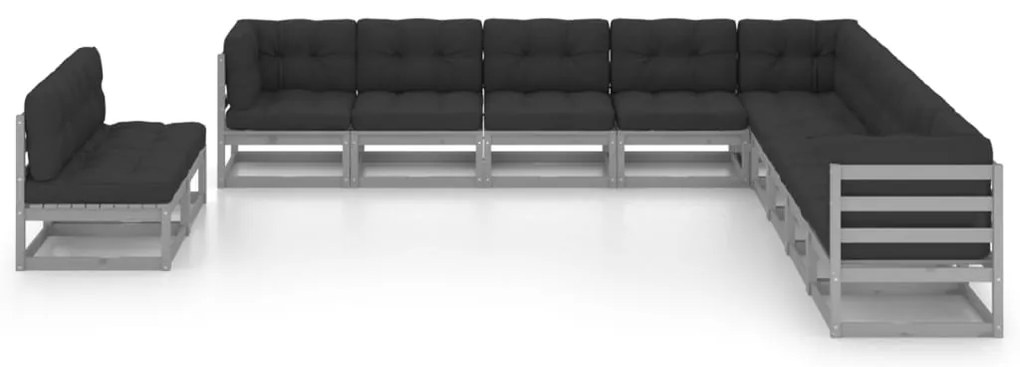 11 pcs conj. lounge jardim c/ almofadões pinho maciço cinzento