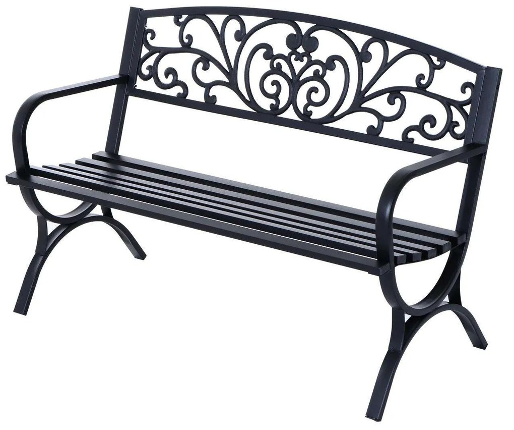 Outsunny Banco de jardim de 2 lugares Banco de terraço de ferro com design clássico Floral padrão 127x60x85cm Preto