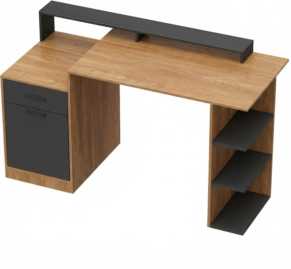 HOMCOM Mesa de Computador com Arrumação e Prateleiras Secretária Moderna para Escritório e Sala de Trabalho 140 cm Carvalho | Aosom Portugal