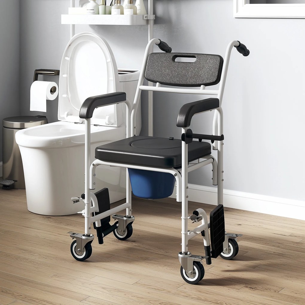 Cadeira sanitária para adultos com rodas 53 x 97 x 97 cm, cadeira sanitária para duche com apoio para os pés, encosto e braços, preta