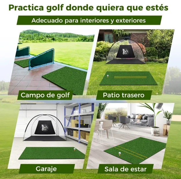 Tapete de relva de golfe sintético 3 em 1, 2 bastões de alinhamento e 6 peças de golfe para uso interno e externo 152 x 92 x 3,2 cm Verde
