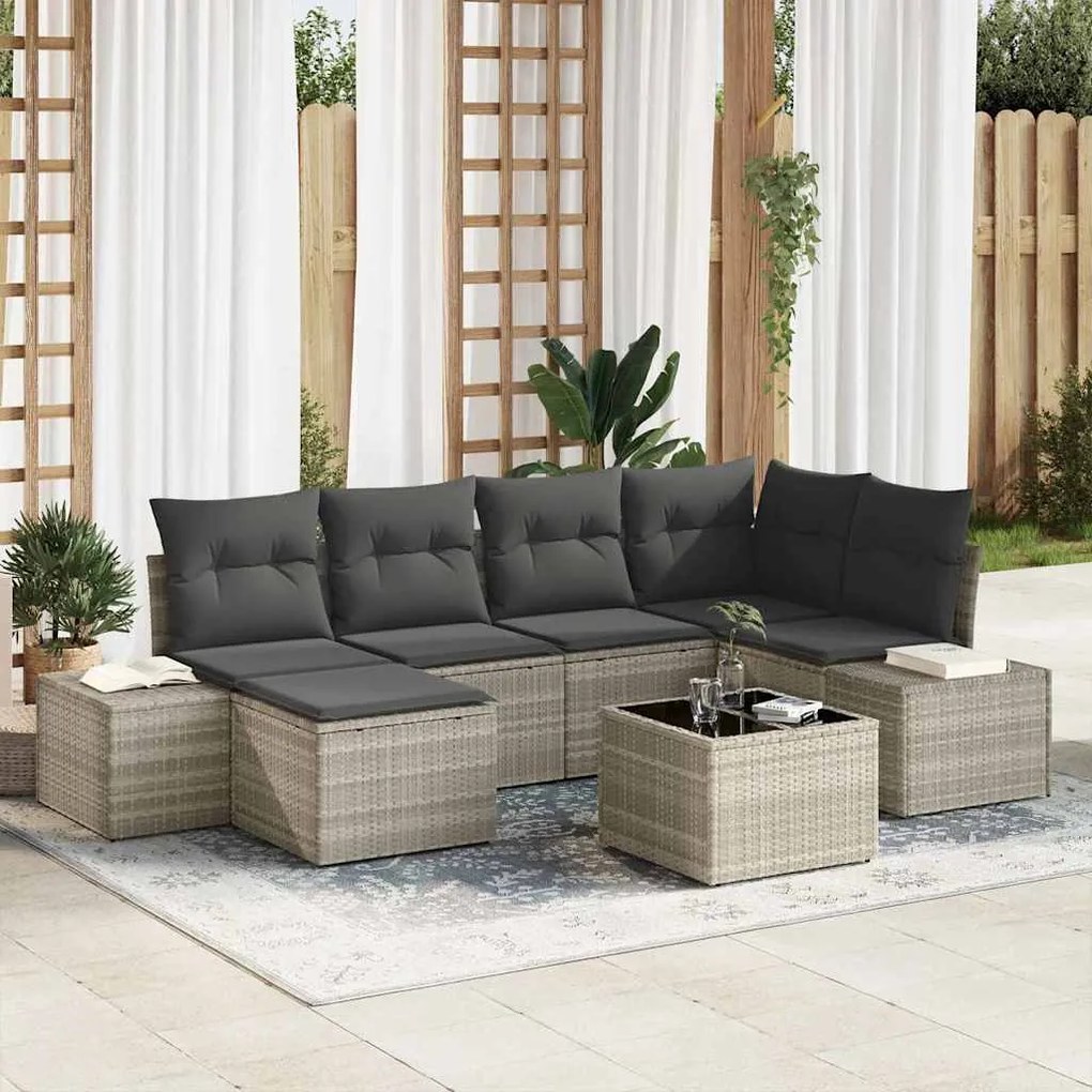 vidaXL Conjunto de Sofá de Jardim de 7 Peças com Almofadas Cinzas em Rattan Sintético