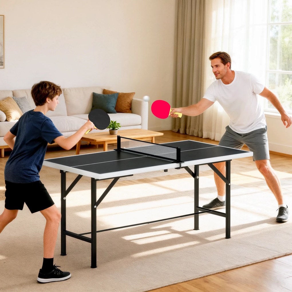 Mini Mesa de Ping Pong Dobrável 152x76 cm para Exterior com Rede 2 Raquetes e 3 Bolas Fácil de Transportar Preto
