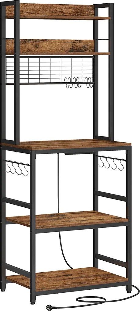 Armario de cozinha com tomadas e 14 ganchos 40 x 60 x 170 cm Castanho vintage-preto