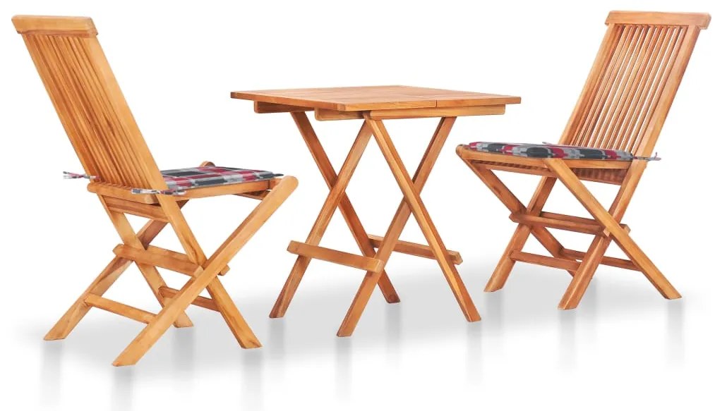 Conjunto bistrô c/ almofadões xadrez vermelho 3 pcs teca maciça