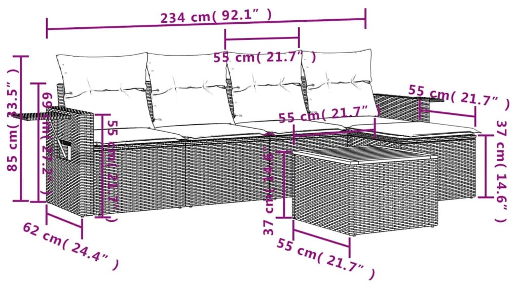 6 pcs conjunto de sofás p/ jardim com almofadões vime PE bege