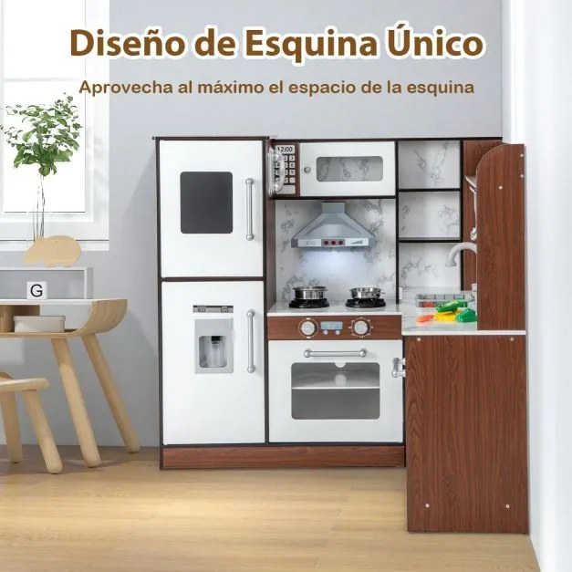 Cozinha de brincar de canto em madeira para crianças com luzes e sons, sistema de circulação de água, cortinas enroláveis e acessórios Castanho