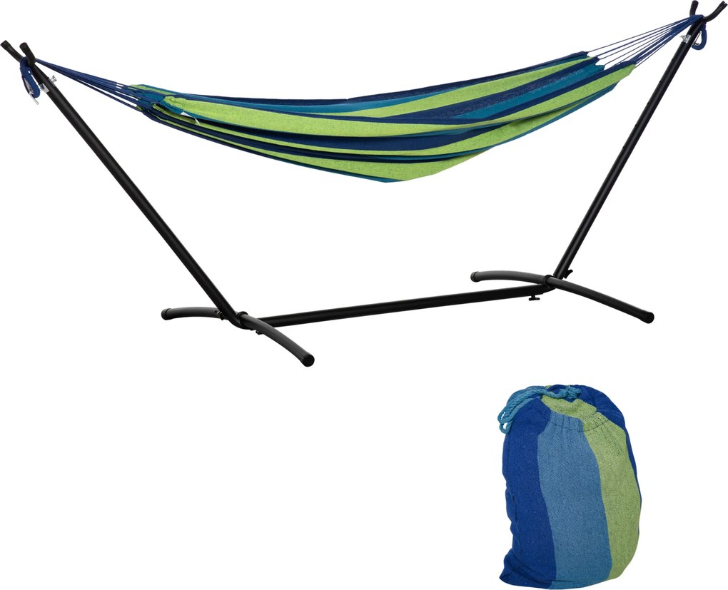 Outsunny Cama Rede com Suporte 298x117 cm Bolsa Transporte Altura Ajustável Capacidade 120 kg Campismo Pátio Verde Azul Praticidade | Aosom Portugal