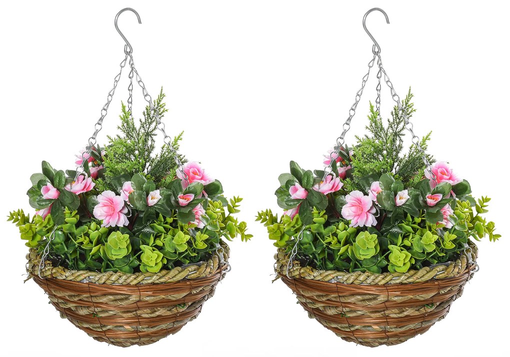 Outsunny Conjunto de 2 Plantas Lisianthus Suspensas Artificiais para Interior e Exterior com Vaso e Vime e Correia Ø25x34 cm Rosa e Verde