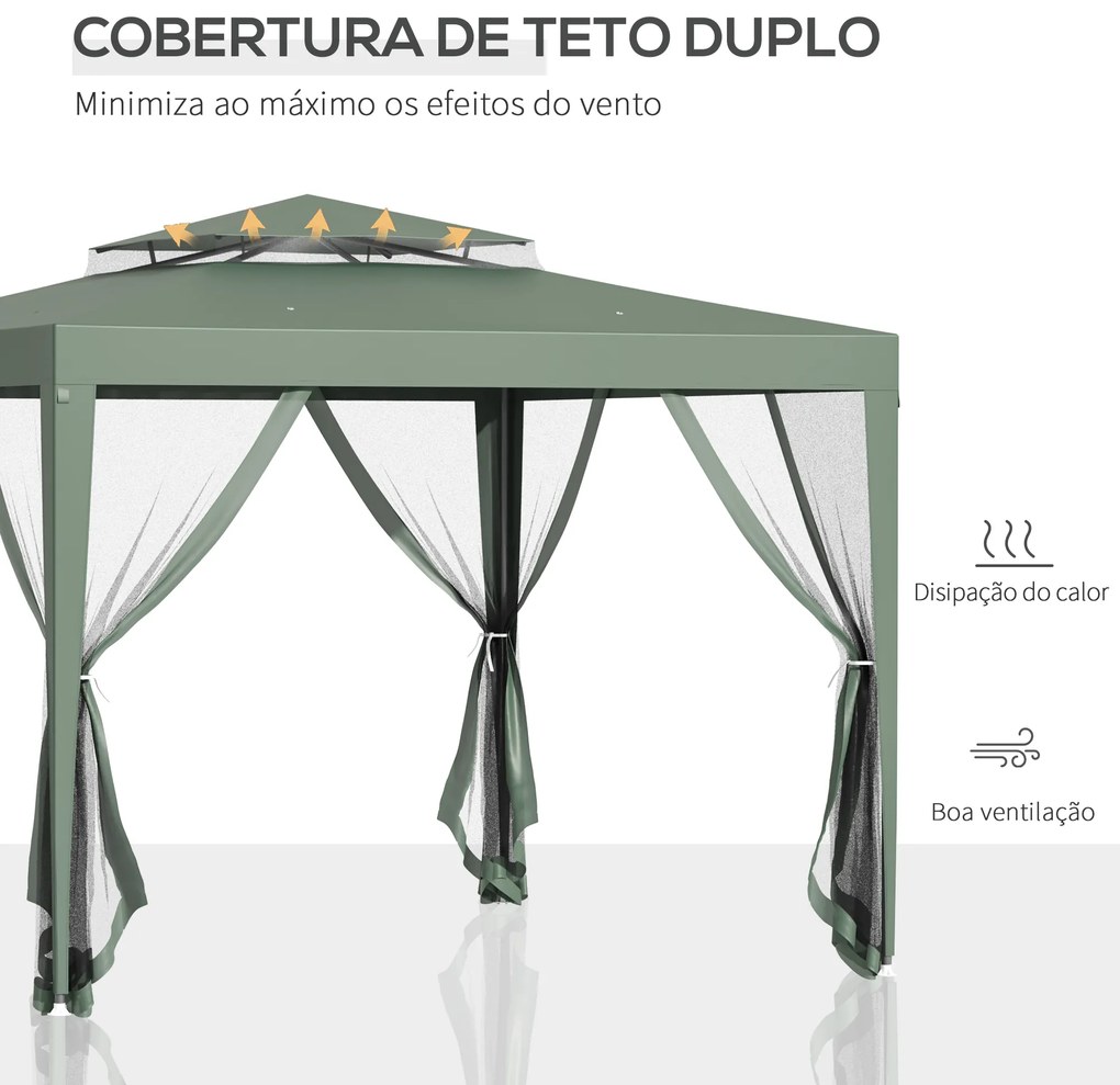 Outsunny Pérgola de Jardim 3x3m Pérgola com 4 Redes Mosquiteiras Laterais com Zíper Teto de Ventilação e 8 Orifícios de Drenagem Pérgola para Terraço Pátio Exterior Verde