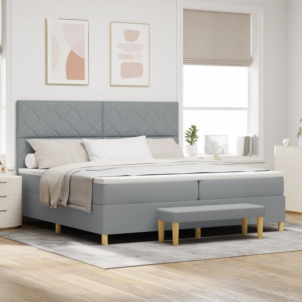 vidaXL Cama Box Spring com Colchão e Banco Cinza Claro 200x200 cm Tecido