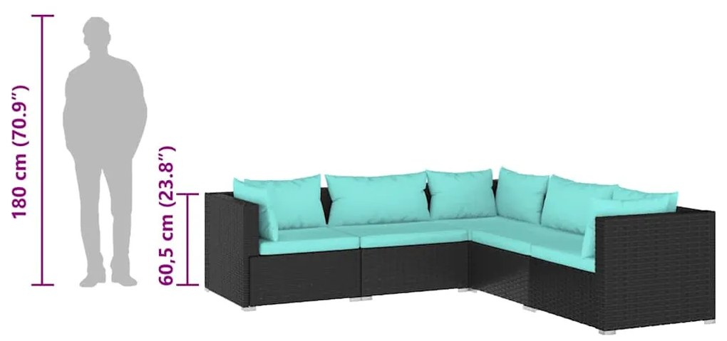 5 pcs conjunto lounge de jardim c/ almofadões vime PE preto