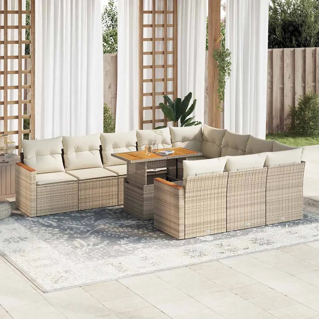 vidaXL 11 pcs conjunto sofás jardim c/ almofadões vime PE/acácia bege