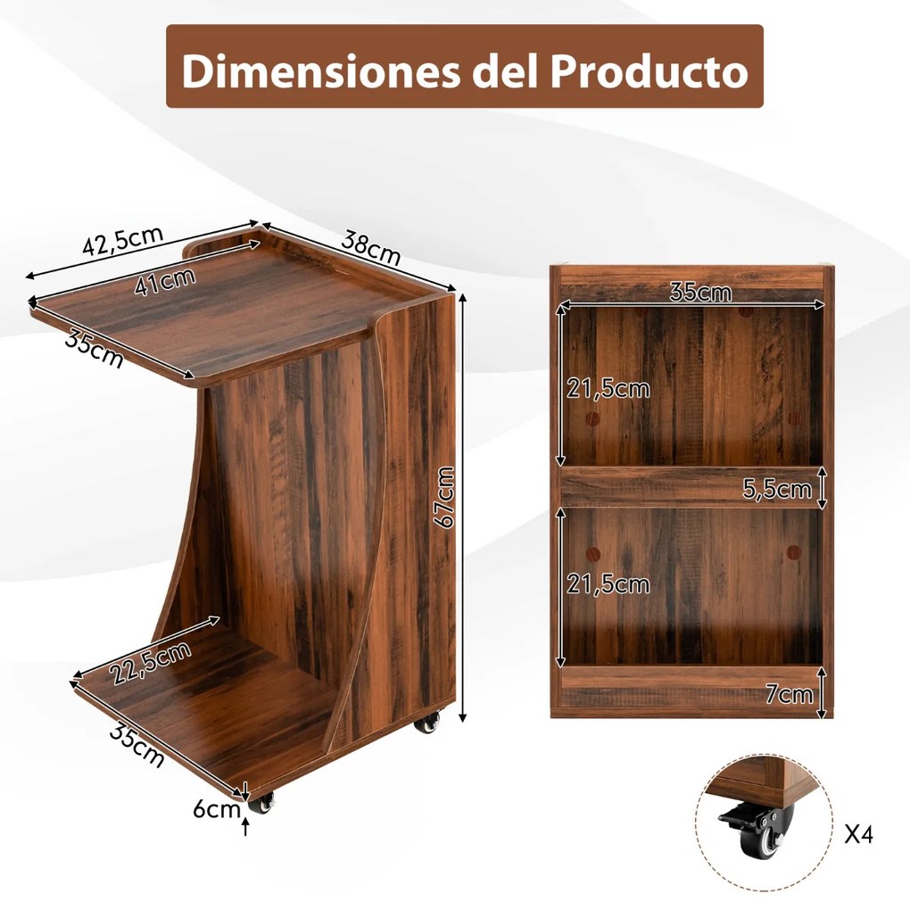 Mesa lateral móvel em forma de C com prateleira aberta 2 níveis para sala de estar quarto 42,5 x 38 x 67 cm Castanho