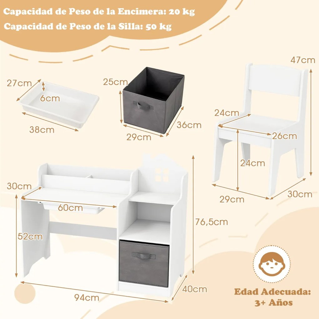 Conjunto de secretaria e cadeira de estudo para crianças com prateleiras abertas Gaveta e cesto de tecido branca