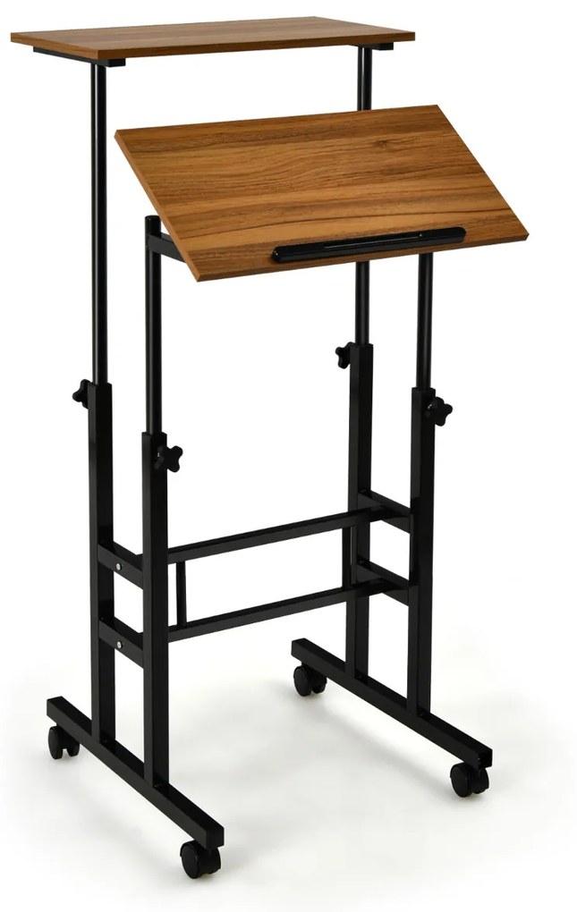 Mesa móvel para computador com rodas Mesa de pé e sentada ajustável em altura para escritório em casa cor nogueira e preto
