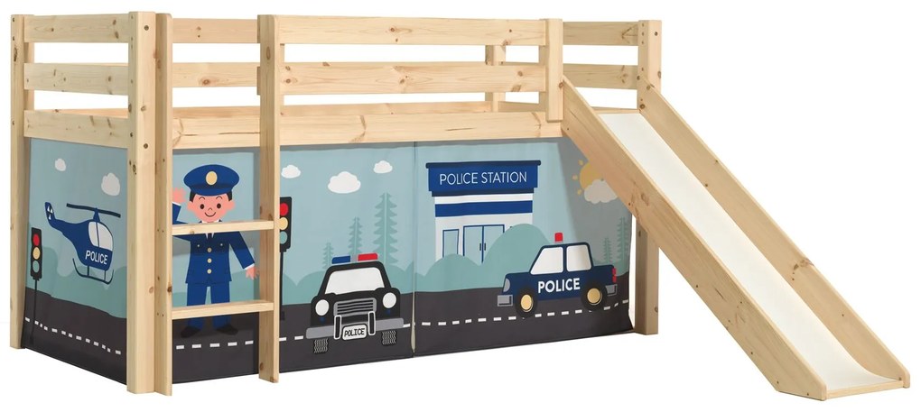 Cama alta de Criança PINO 90 x 200 cm + estrado + escada + escorrega + cortina Policia Natural