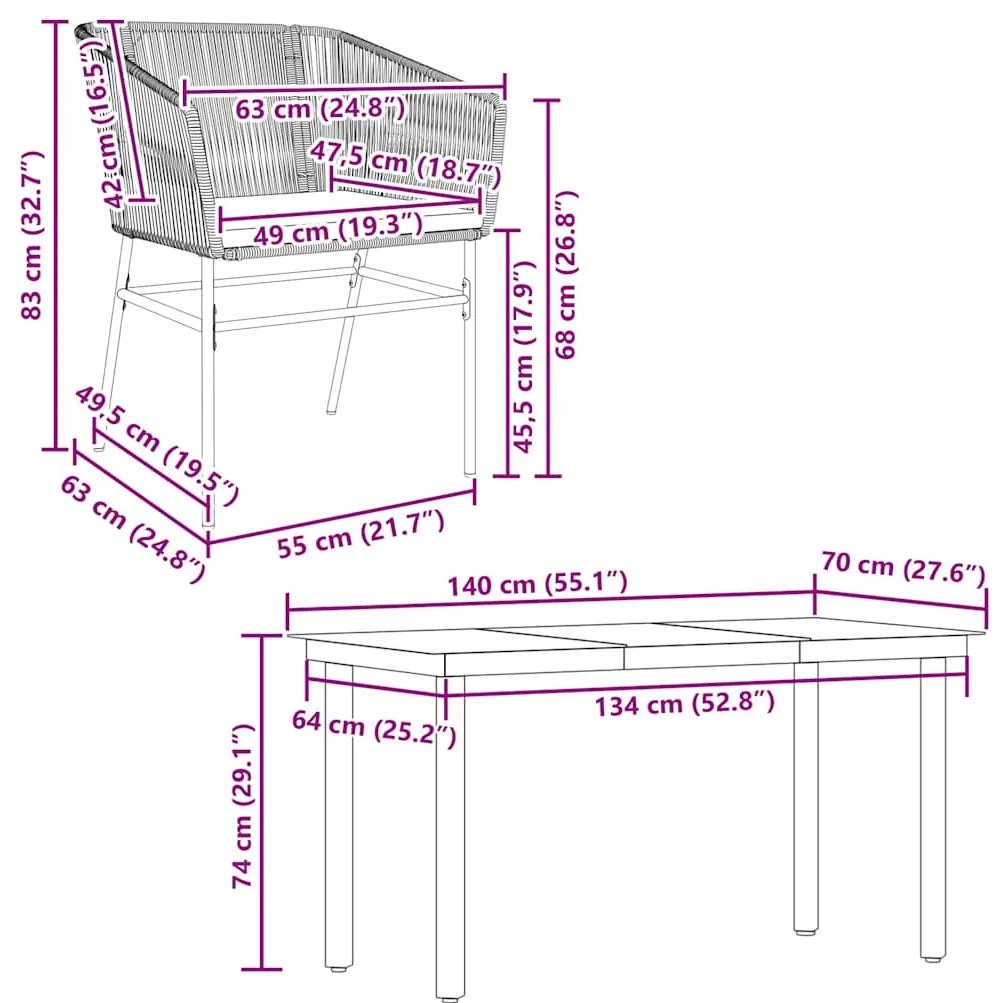 Conjunto jantar jardim 5 peças almofadas vidro vime cinzento PE