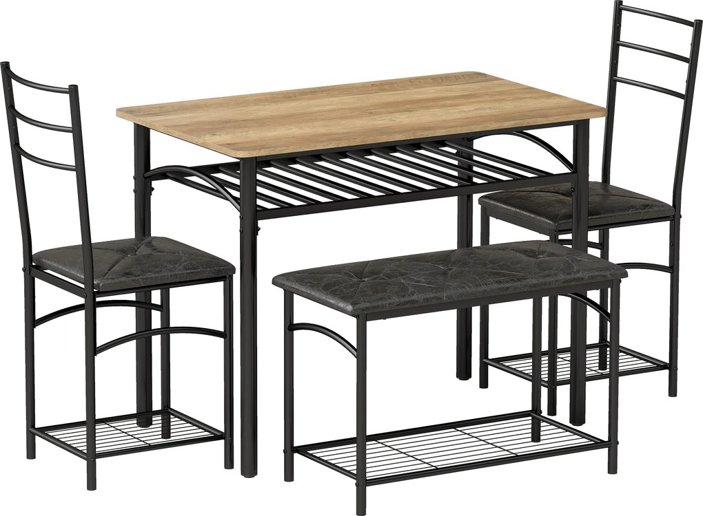 HOMCOM Conjunto de jantar 4 peças, mesa de cozinha industrial com 2 cadeiras e banco para 4 pessoas, assentos estofados em couro PU, castanho | Aosom Portugal