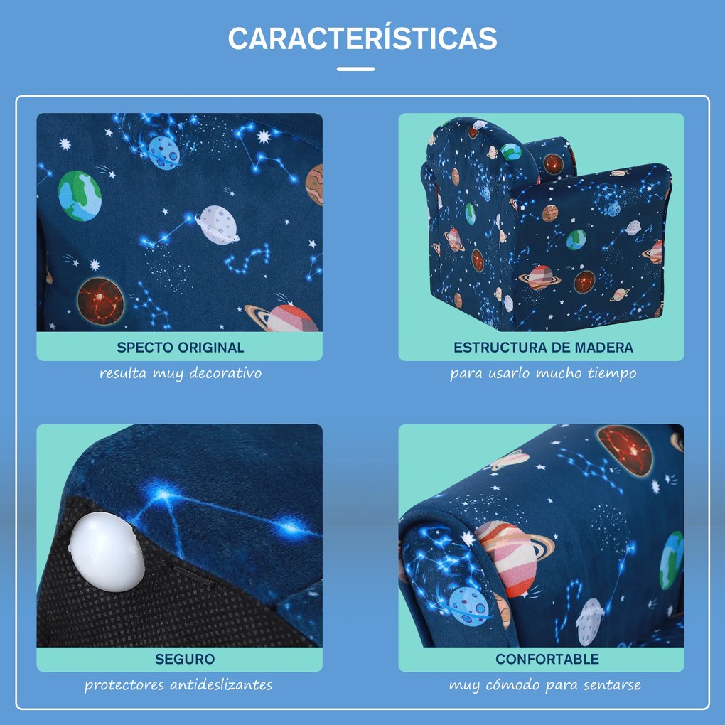 HOMCOM Poltrona para Crianças acima de 3 Anos com Desenhos de Planetas Estrutura de Madeira e Estofado em Flanela 50x39x44 cm Azul
