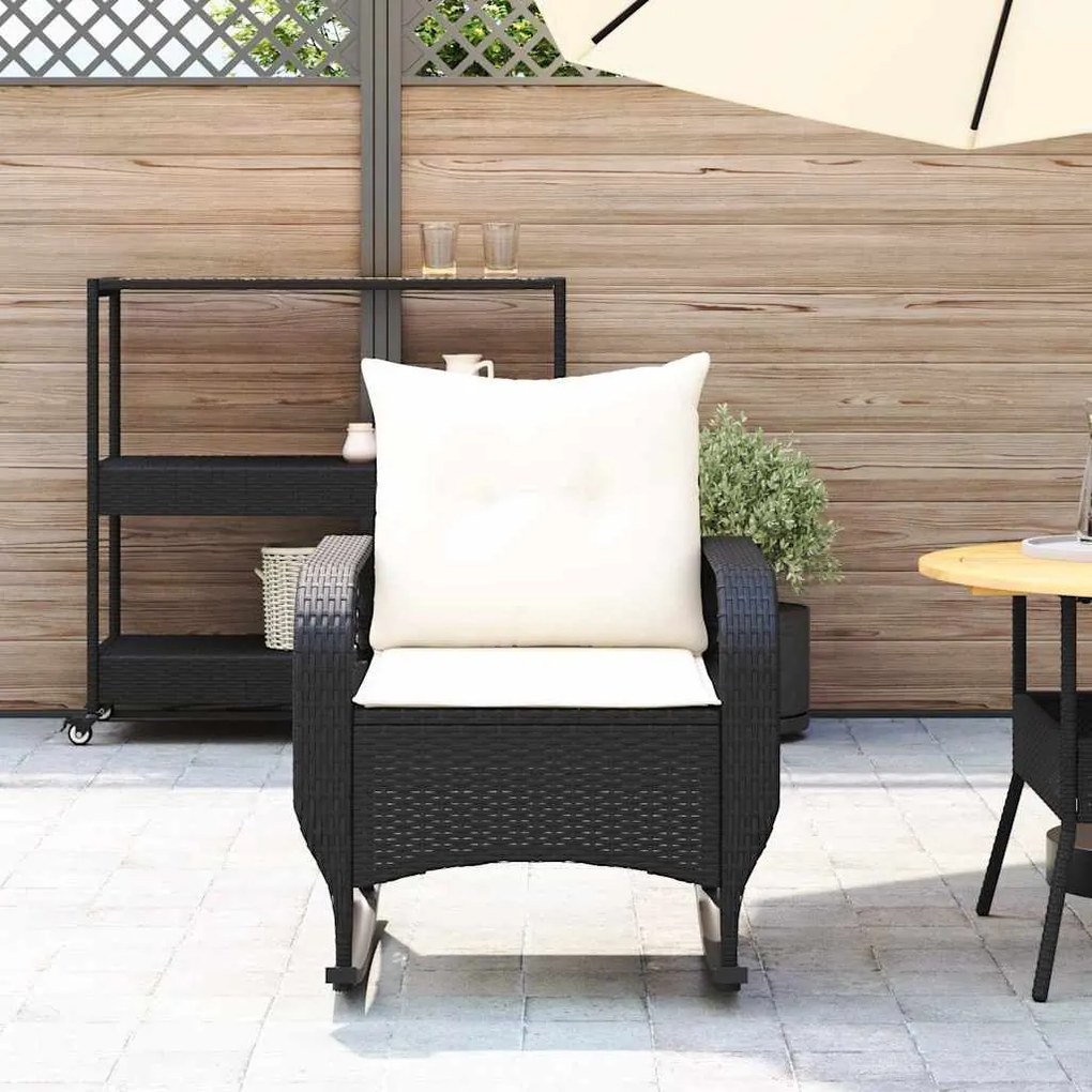 Cadeira de baloiço para jardim com almofadões vime PE preto