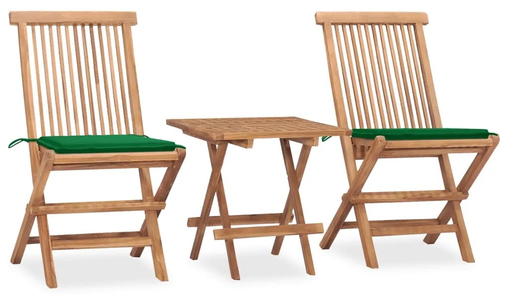 vidaXL 3 pcs conj. jantar dobrável exterior c/ almofadão teca maciça