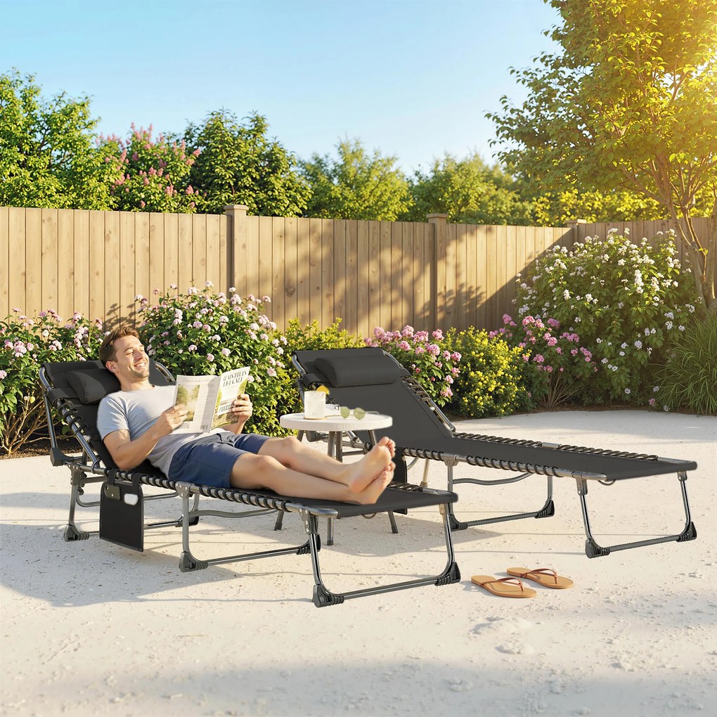 Conjunto de 2 Espreguiçadeiras Jardim Dobráveis com Apoio de Cabeça e Encosto Reclinável em 5 Posições 200x57x38 cm Preto