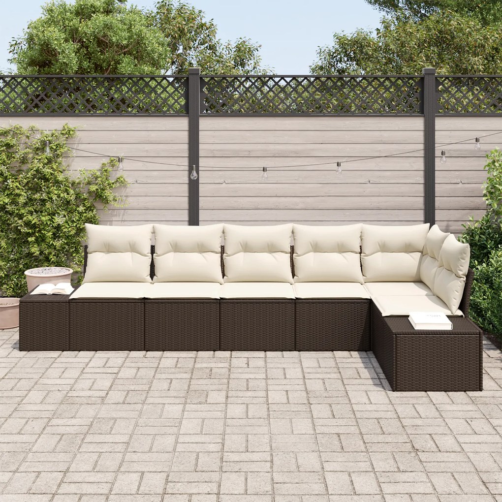 Conjunto de Sofá de Jardim de 6 peças com Almofadas Castanho Rattan PE
