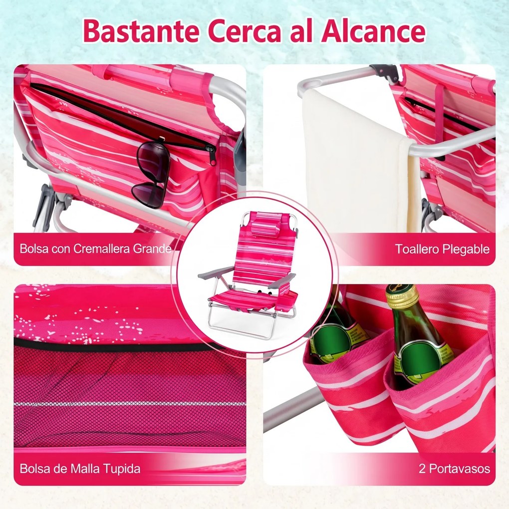 Conjunto de 3 peças: mesa e cadeiras de praia com cadeiras reclináveis, mesa dobrável em alumínio e mochila com 5 posições, com riscas cor-de-rosa
