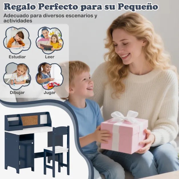 Conjunto de Secretaria e cadeira para crianças com quadro negro, marcador, prateleira e armário de armazenamento Azul