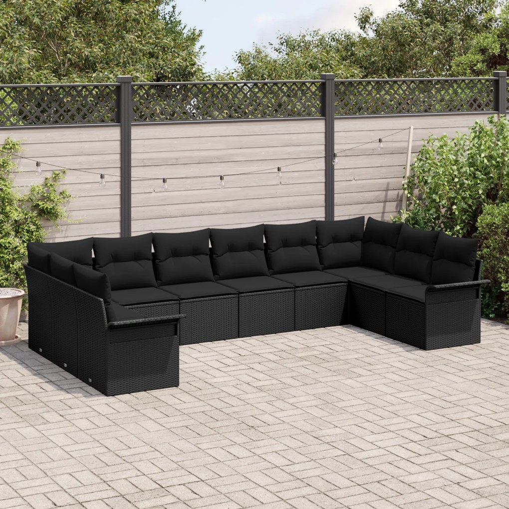 Conjunto de 10 Peças de Sofá de Jardim com Almofadas Preto Vime Poliés