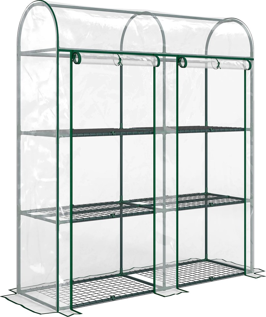 Outsunny Estufa Pequena de 3 Níveis 2 Portas Enroláveis Estrutura de Aço Cobertura de Plástico 143x46x164 cm Transparente | Aosom Portugal